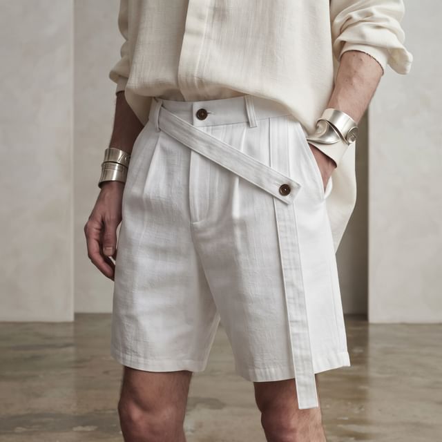 Shineon Studio-Mid Waist Sashed Linen Plain Shorts
