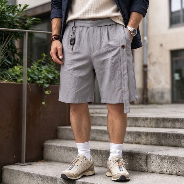 Shineon Studio-Mid Waist Sashed Linen Plain Shorts