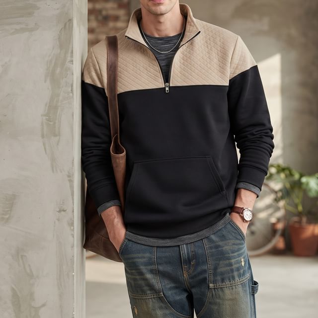 Shineon Studio-Mock Neck Half Zip Quilted Panel Sweatshirt