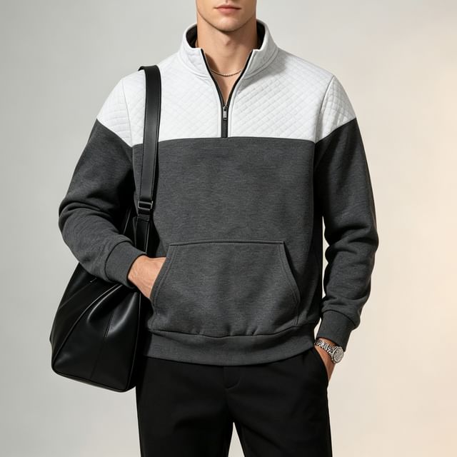 Shineon Studio-Mock Neck Half Zip Quilted Panel Sweatshirt