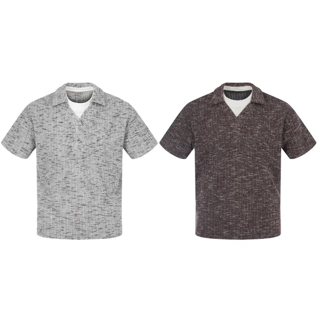 Shineon Studio-Mock Two-Piece Short-Sleeve Collared Knit Top