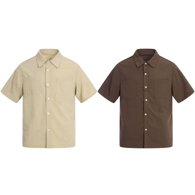 Shineon Studio-Short-Sleeve Button-Up Pocketed Plain Shirt