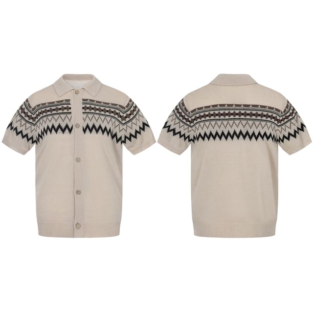 Shineon Studio-Short-Sleeve Collared Jacquard Shirt