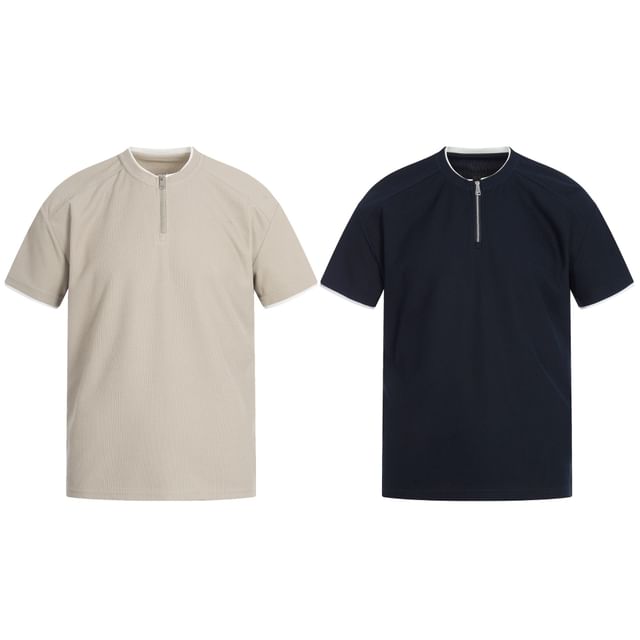 Shineon Studio-Short-Sleeve Zip Placket Plain T-Shirt