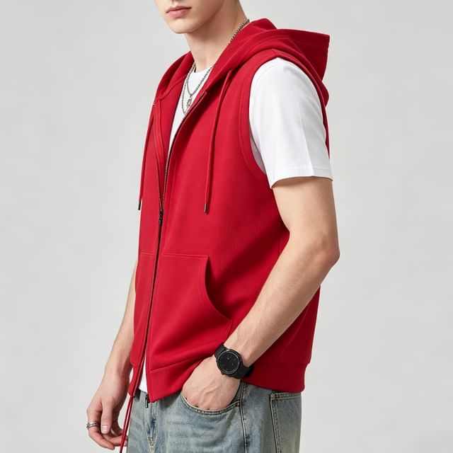 Shineon Studio-Sleeveless Plain Zip-Up Hoodie