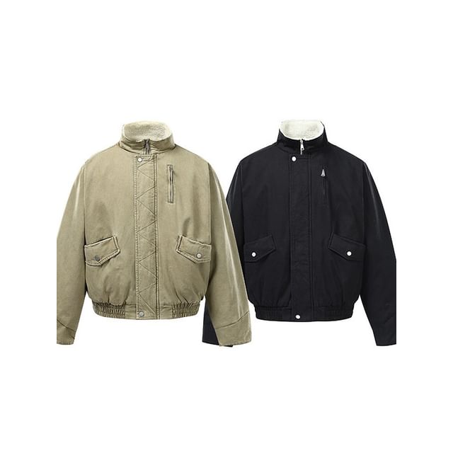 Shineon Studio-Stand Collar Plain Fleece-Lined Zip Jacket