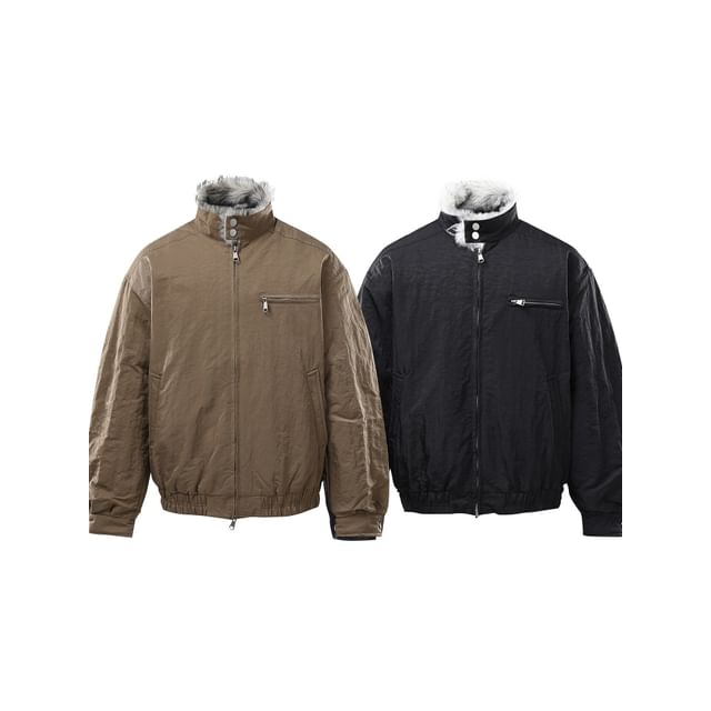 Shineon Studio-Stand Collar Plain Fleece-Lined Zip Jacket