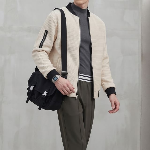 Shineon Studio-Stand Collar Waffle Zip-Up Jacket