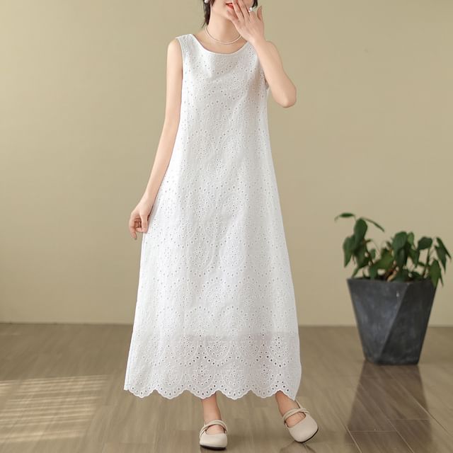Shinobu - Sleeveless Midi A-Line Eyelet Lace Dress | YesStyle