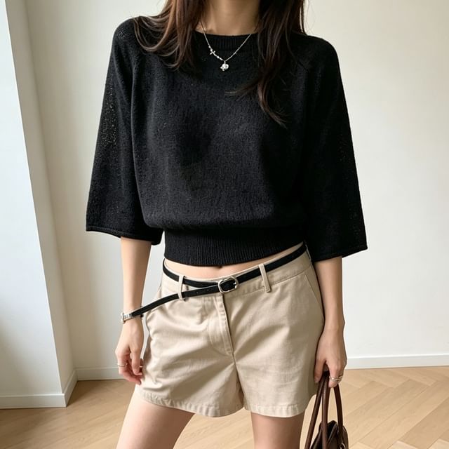 Shinsei-34-Sleeve Crew Neck Plain Knit Top