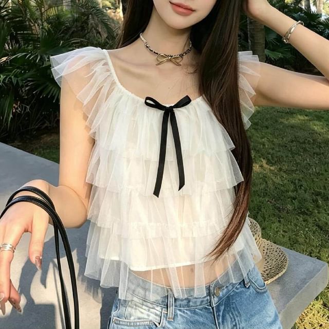 Shinsei-Cap-Sleeve Plain Bow Mesh Peplum Top