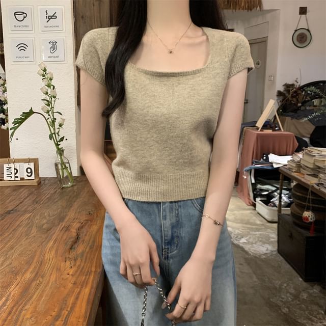 Shinsei-Cap Sleeve Square Neck Plain Knit Top