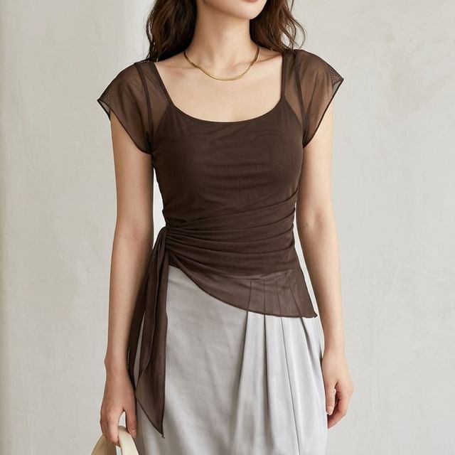 Shinsei-Cap-Sleeve Square Neck Sheer Asymmetrical Plain Crop Top