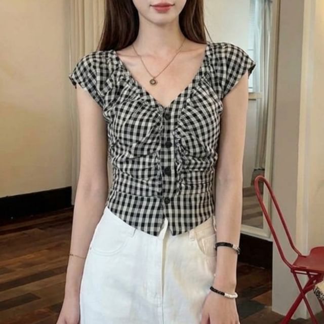 Shinsei-Cap Sleeve V-Neck Plaid Ruched Blouse