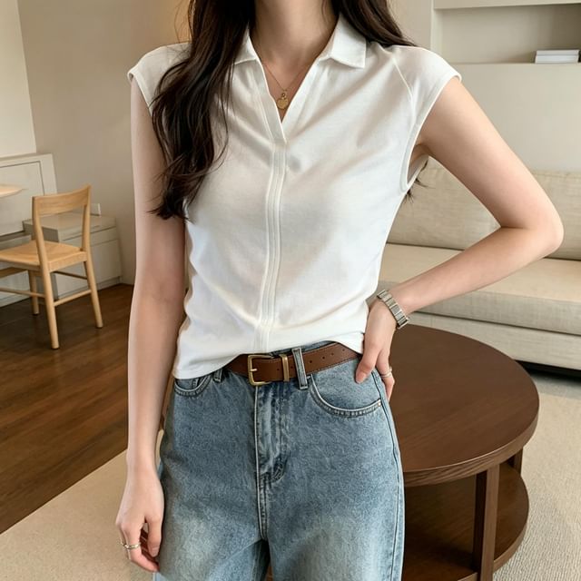 Shinsei-Cap-Sleeve V-Neck Plain Top