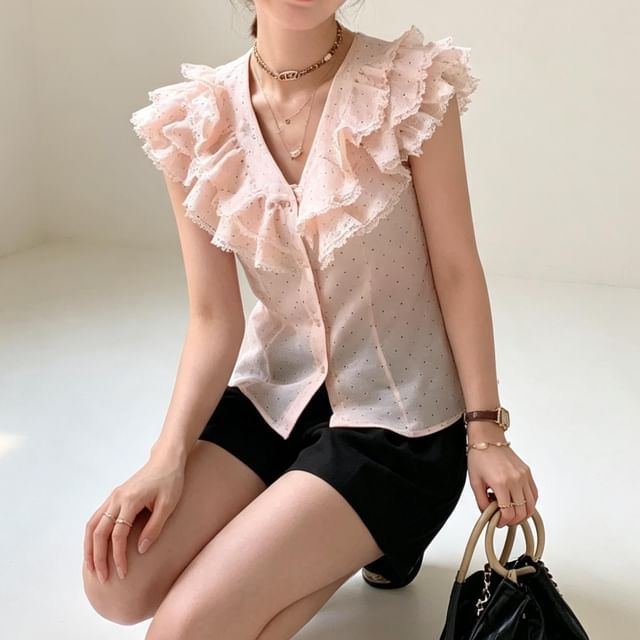 Shinsei-Cap-Sleeve V-Neck Polka Dot Lace Ruffled Button-Up Blouse
