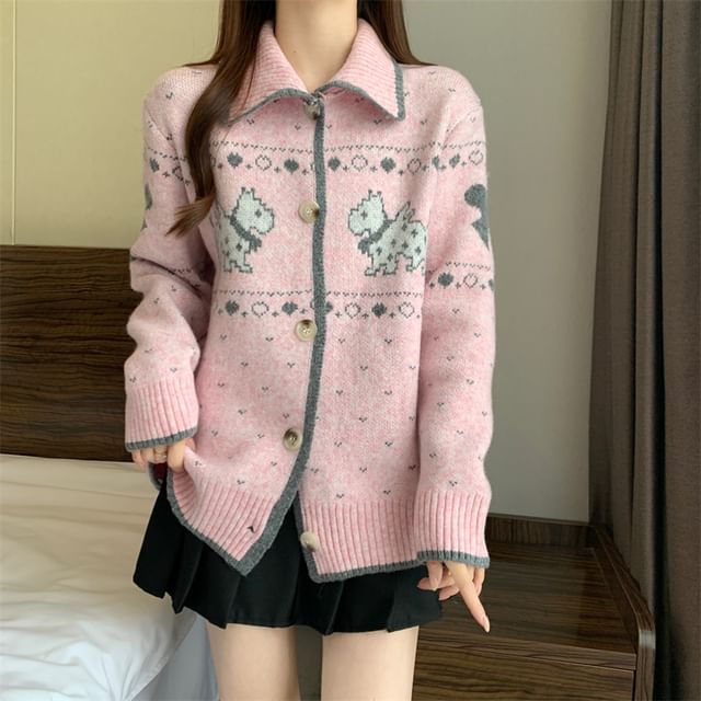 Shinsei-Collar Dog Print Cardigan