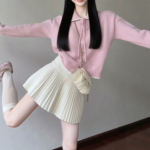 Shinsei-Collared Contrast Trim Button-Up Crop Cardigan High Rise Plain Pleated Mini A-Line Skirt