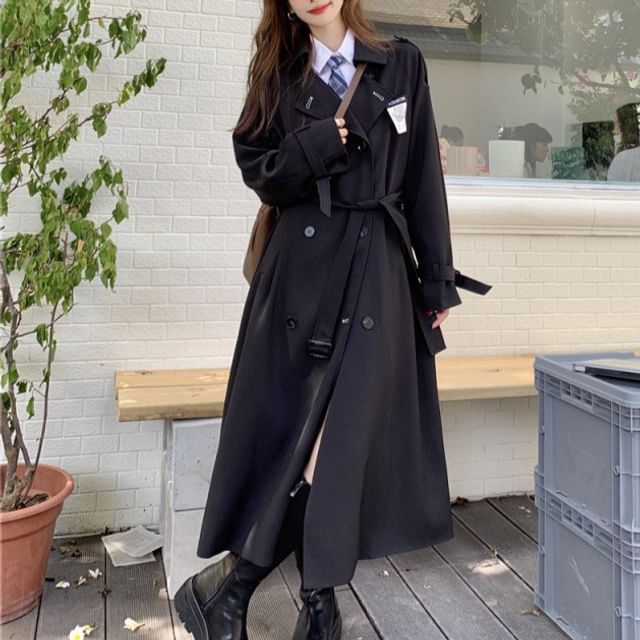 Shinsei-Collared Double-Breasted Plain Long Trench Coat