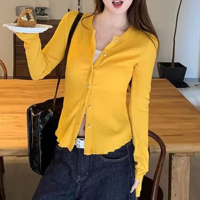 Shinsei-Crew Neck Button-Up Plain Crop Cardigan