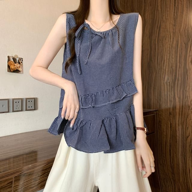 Shinsei-Crew Neck Plaid Ruffle Trim Tank Top