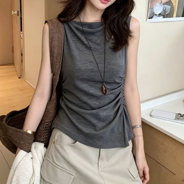 Shinsei-Crew Neck Plain Asymmetrical Ruched Tank Top