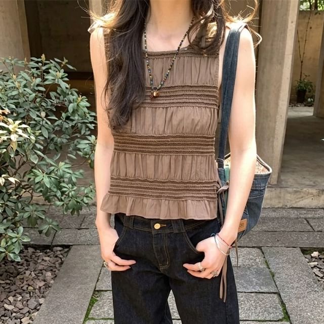 Shinsei-Crew Neck Plain Ruched Crop Tank Top