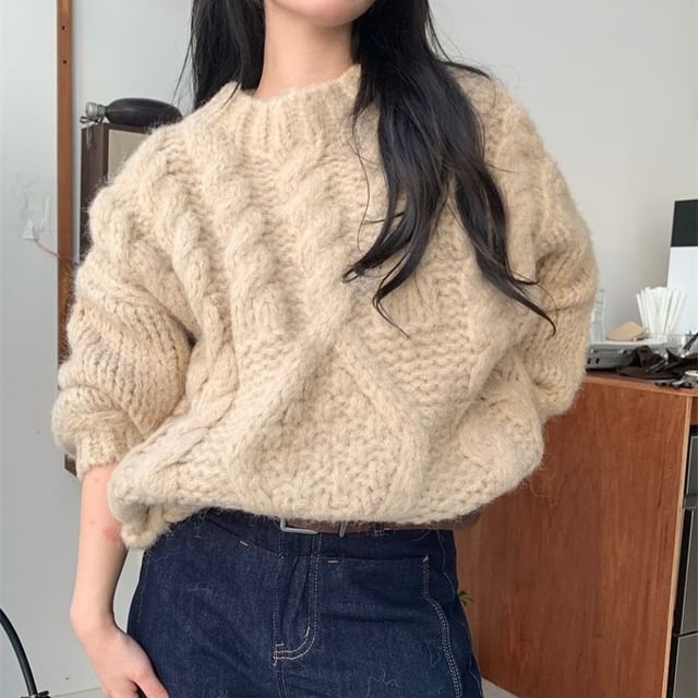 Shinsei-Crewneck Cable Knit Plain Sweater