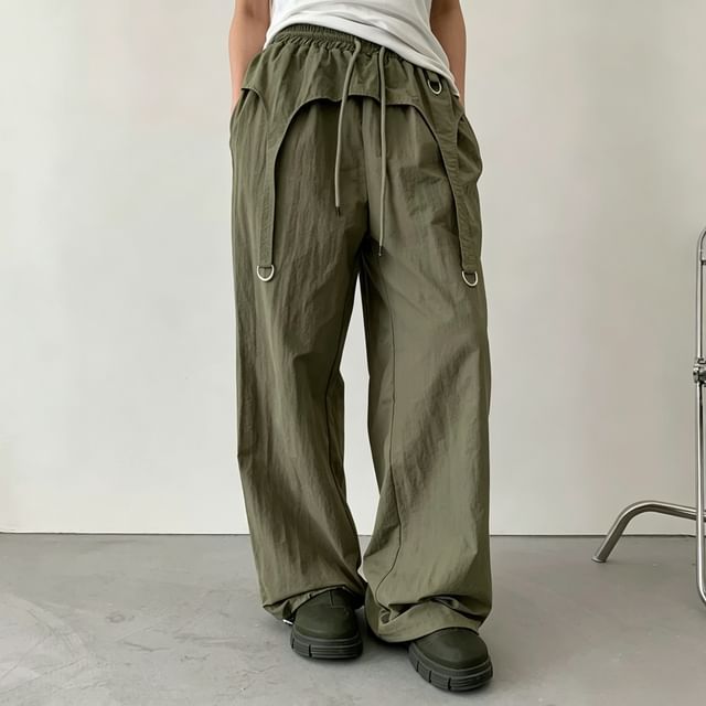 Shinsei-Drawstring Waist Plain Baggy Straight Leg Cargo Pants