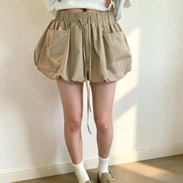 Shinsei-Drawstring Waist Plain Front Pocket Bubble Skorts