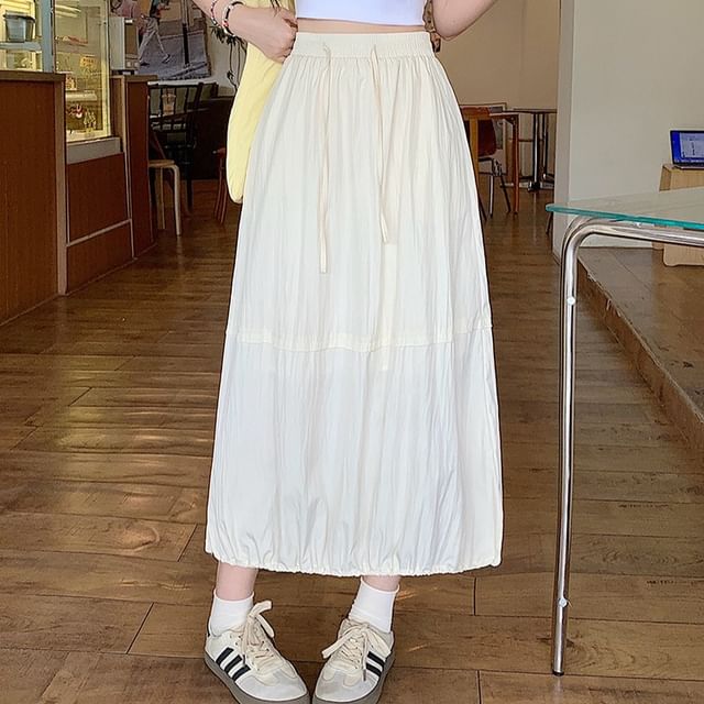 Shinsei-Drawstring Waist Plain Panel Midi A-Line Skirt