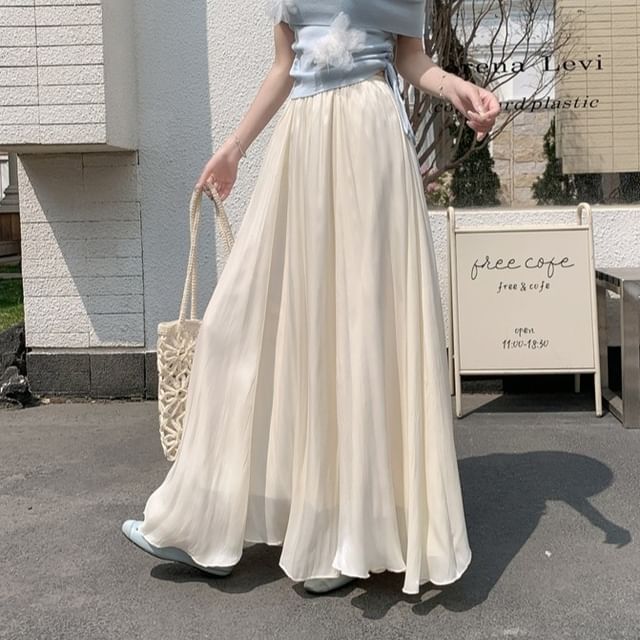 Shinsei-Elastic Waist Plain Maxi A-Line Skirt