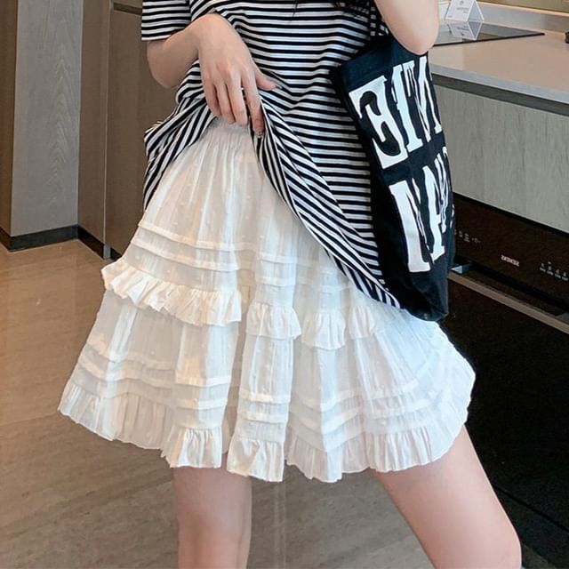 Shinsei-Elastic Waist Plain Ruffle Trim Mini A-Line Skirt