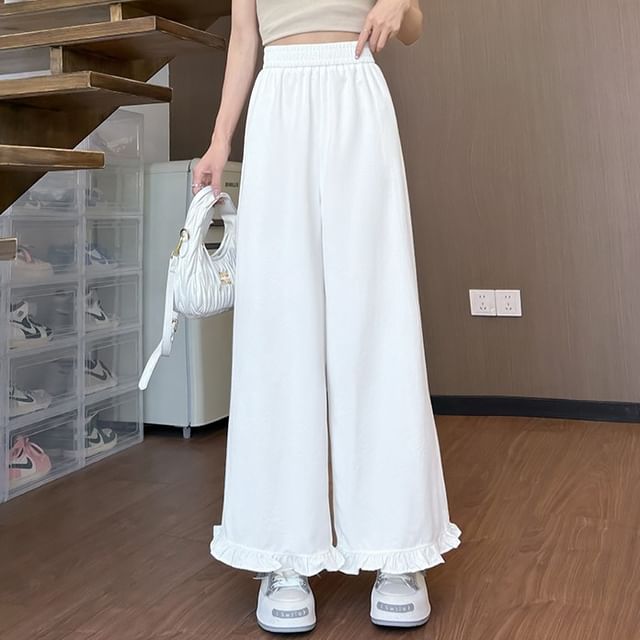 Shinsei-Elastic Waist Plain Ruffle Trim Wide Leg Pants