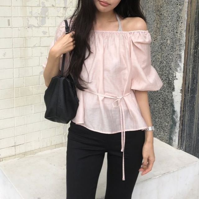 Shinsei-Elbow-Sleeve Square Neck Plain Ruched T-Shirt