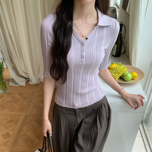 Shinsei-Elbow-Sleeve V-Neck Collared Plain Slim Fit Knit Top