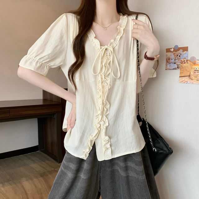 Shinsei-Elbow-Sleeve V-Neck Frill Trim Button-Up Plain Blouse
