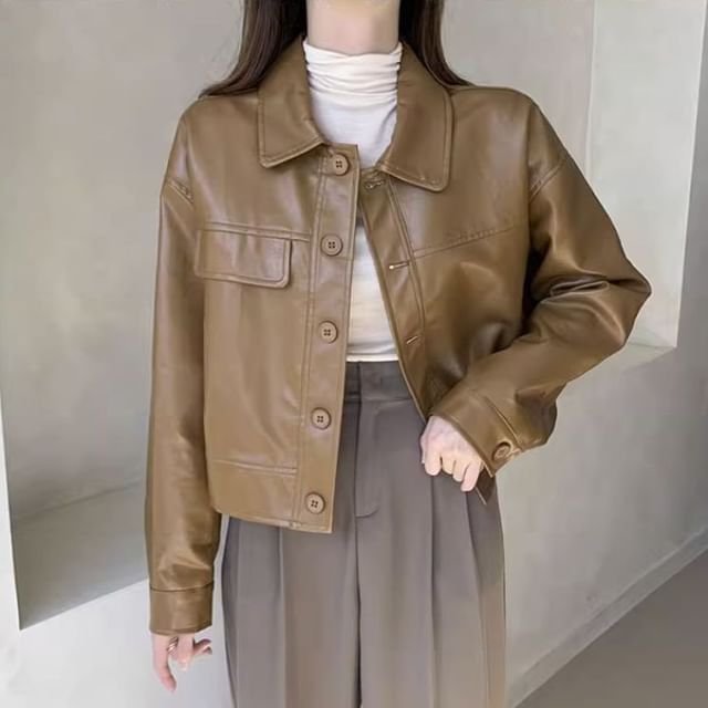 Shinsei-Faux Leather Collared Button-Up Jacket