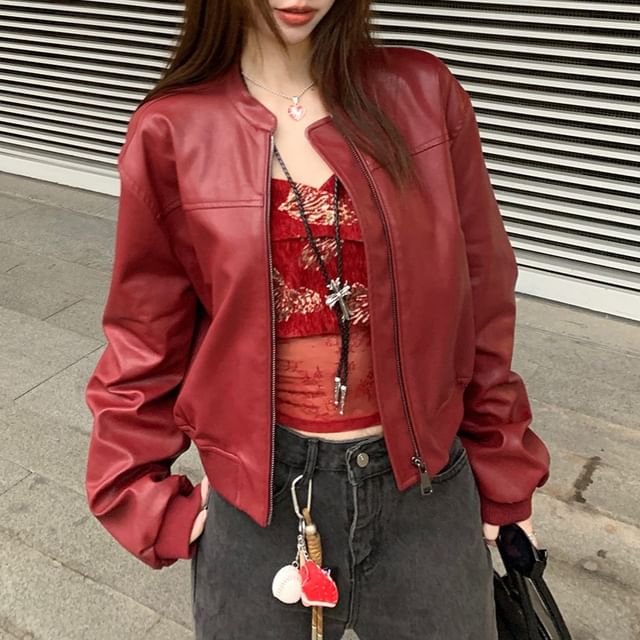 Shinsei-Faux Leather Zip-Up Crop Jacket