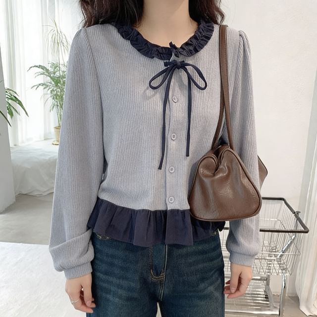 Shinsei-Frill Trim Two Tone Cardigan