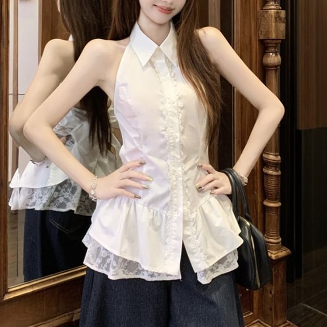 Shinsei-Halter Collared Plain Ruffle Panel Lace Top