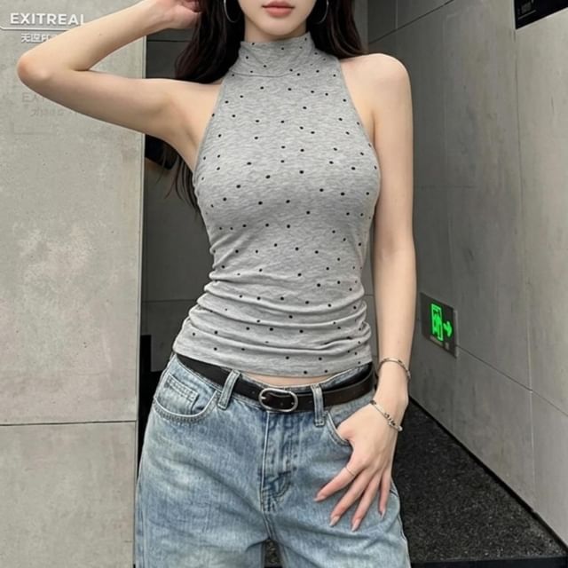 Shinsei-Halter Mock Neck Polka Dot Slim Fit Crop Top