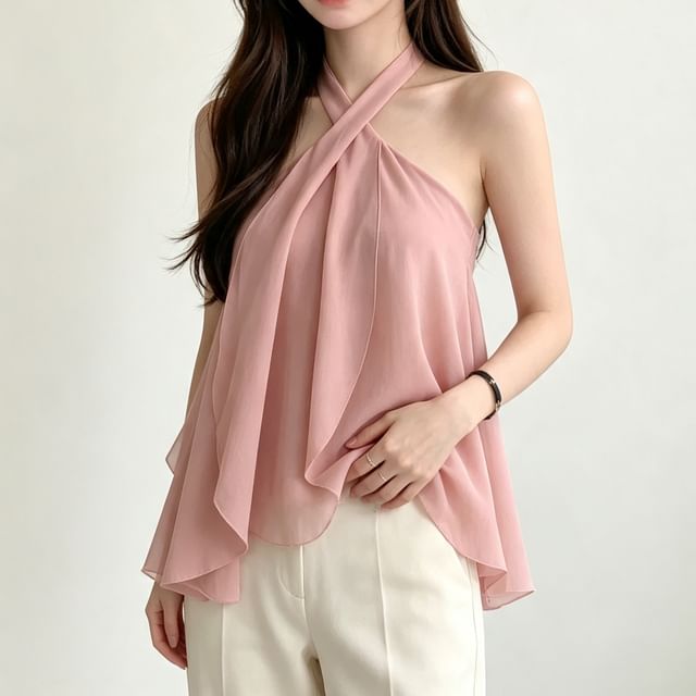 Shinsei-Halter Neck Plain Flowy Camisole Top