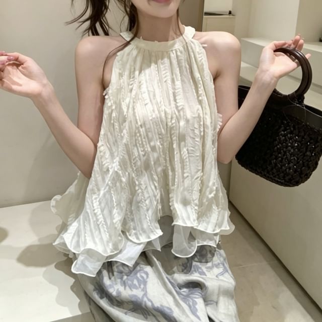 Shinsei-Halter Neck Plain Frill Trim Layered Flowy Top