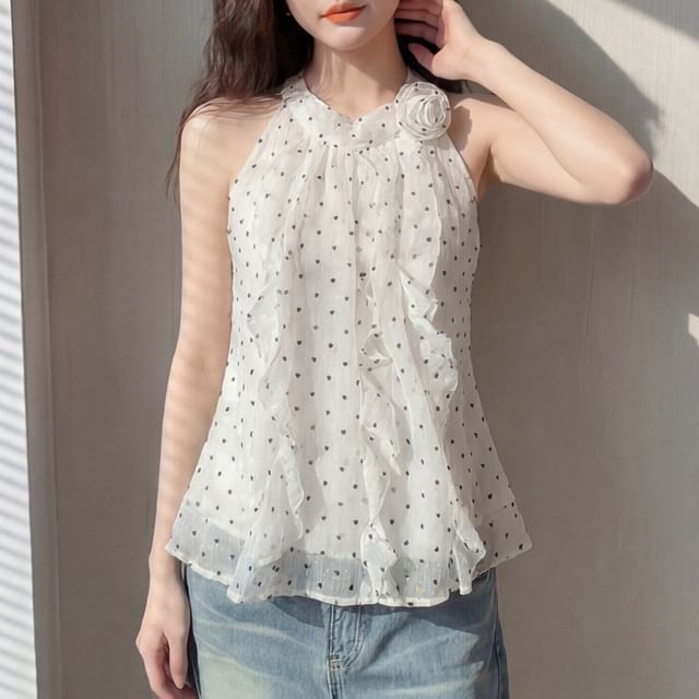 Shinsei-Halter Polka Dot Ruffle Blouse