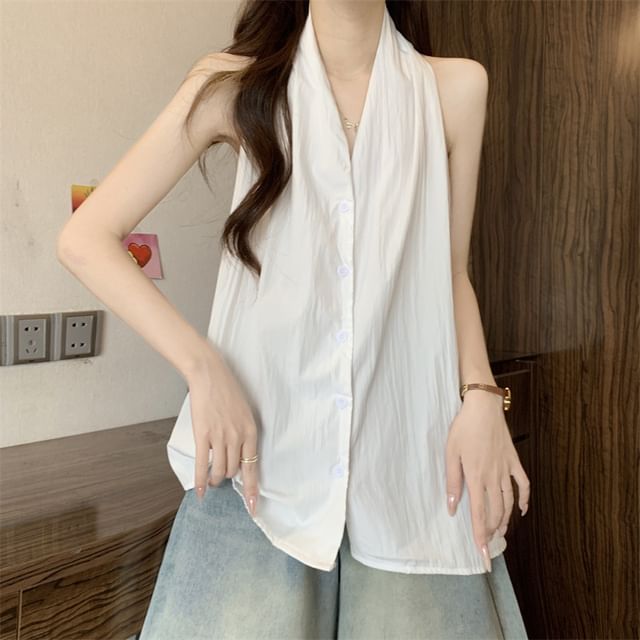 Shinsei-Halter V-Neck Button-Up Blouse