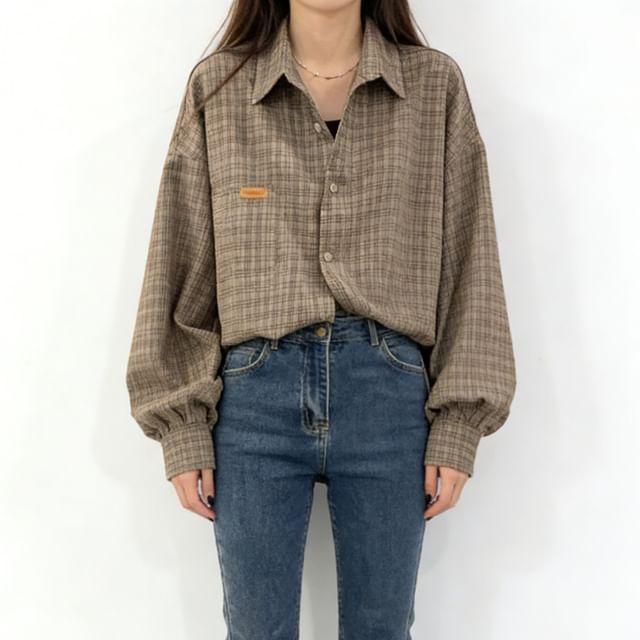 Shinsei-High Neck Gingham Check Button-Up Jacket