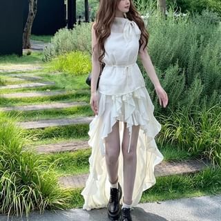 Shinsei-High Rise Plain Ruffle High-Low A-Line Skirt