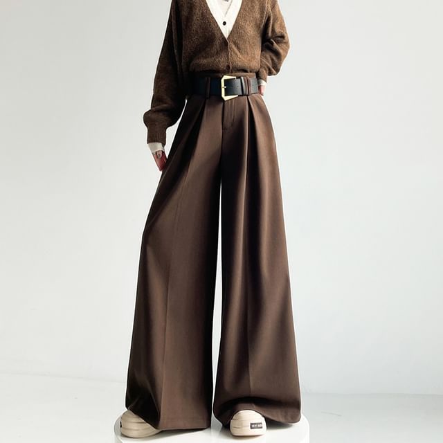 Shinsei-High Rise Plain Wide Leg Slacks