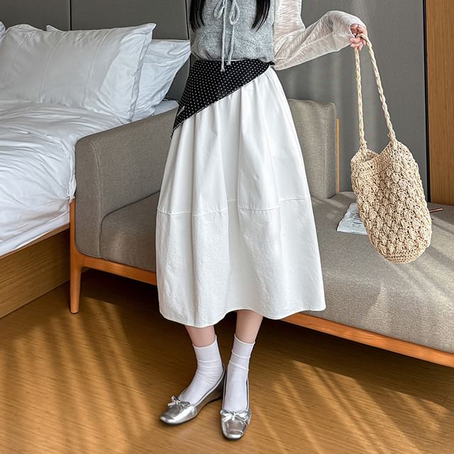 Shinsei-High Waist Dotted Panel Midi A-Line Skirt